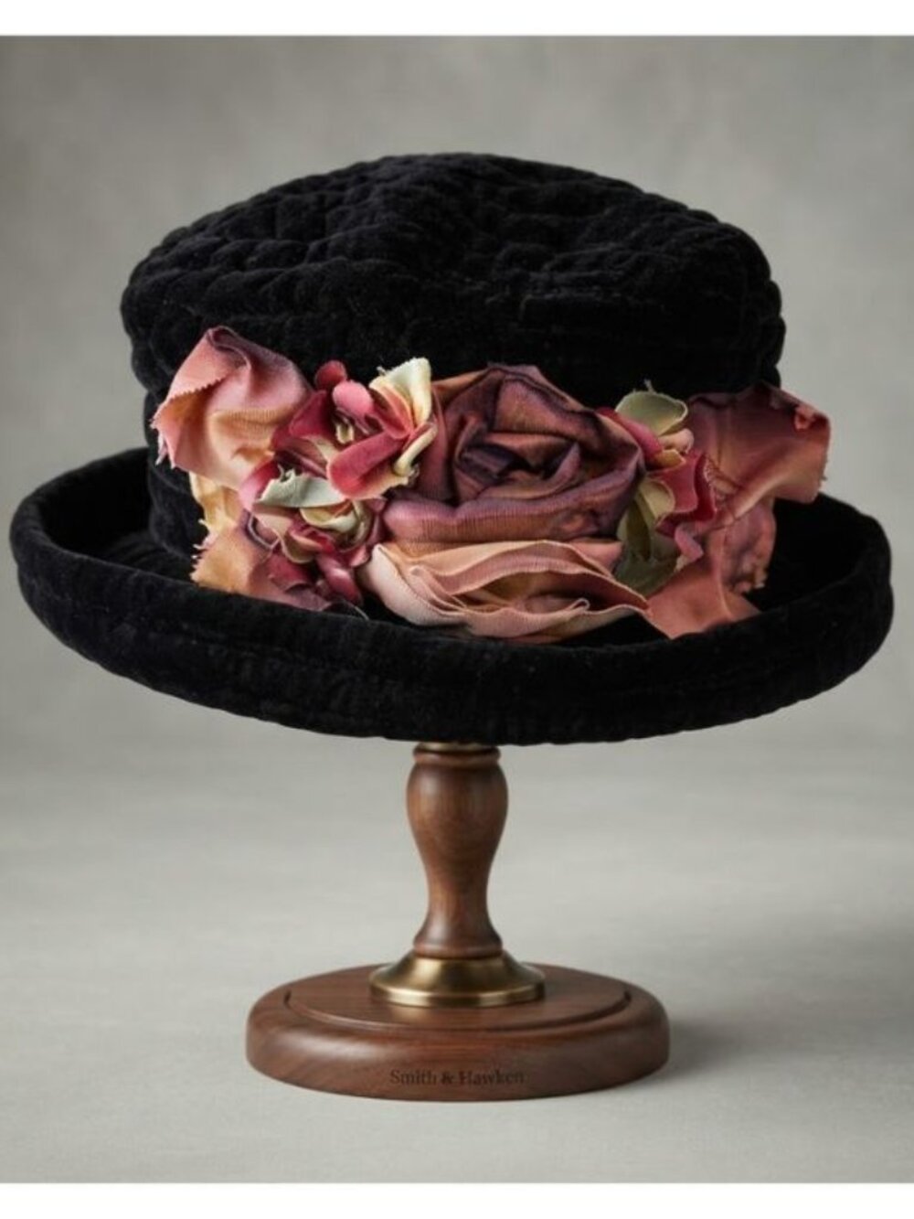 RARE Vintage Smith & Hawken WOMENS BLACK VELVET RIBBON FLOWER Hat